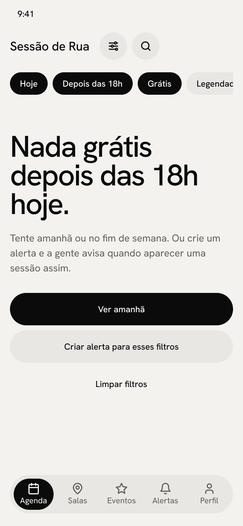 Estado sem resultados: Nada grátis depois das 18h hoje, com os botões Ver amanhã e Criar alerta para esses filtros