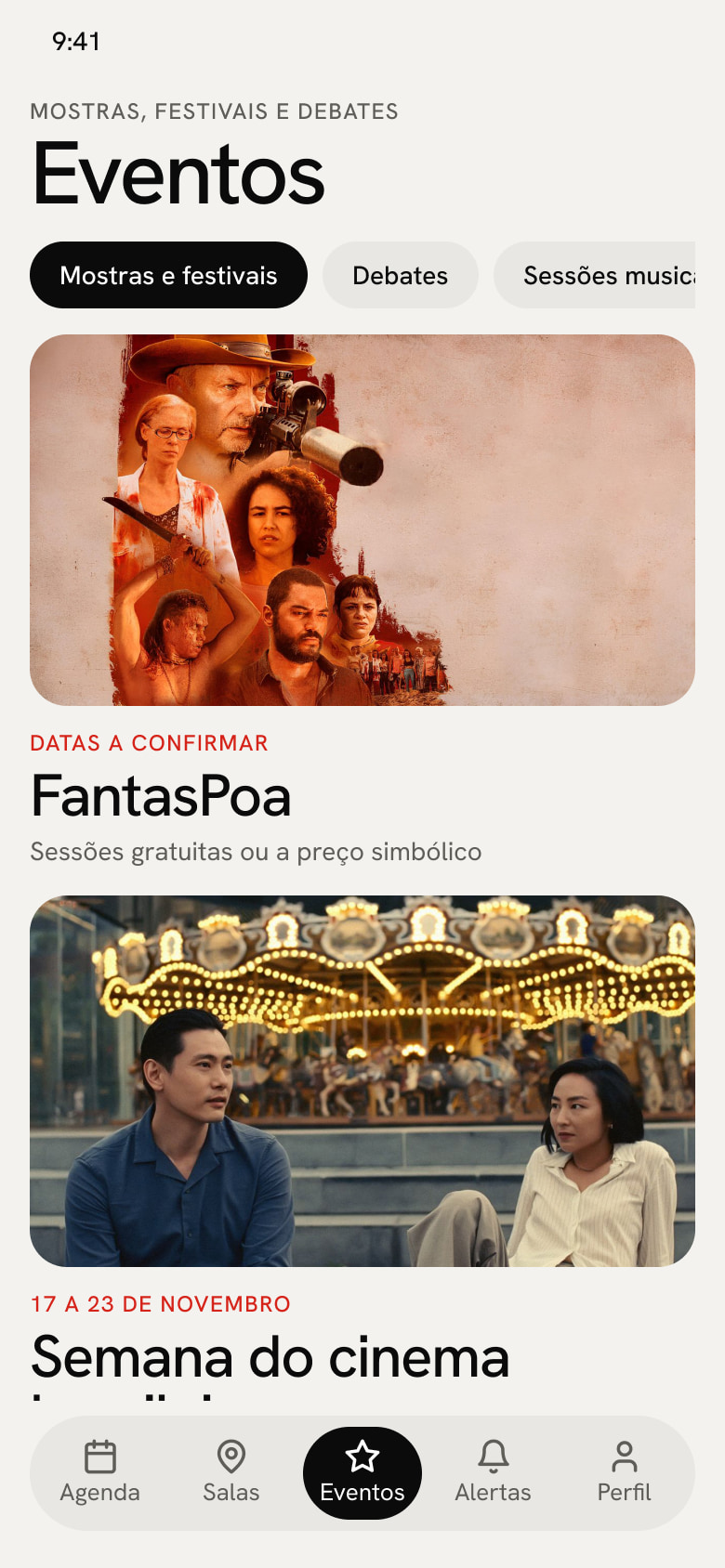 Eventos especiais: mostras e festivais com foto, datas e uma linha de descrição