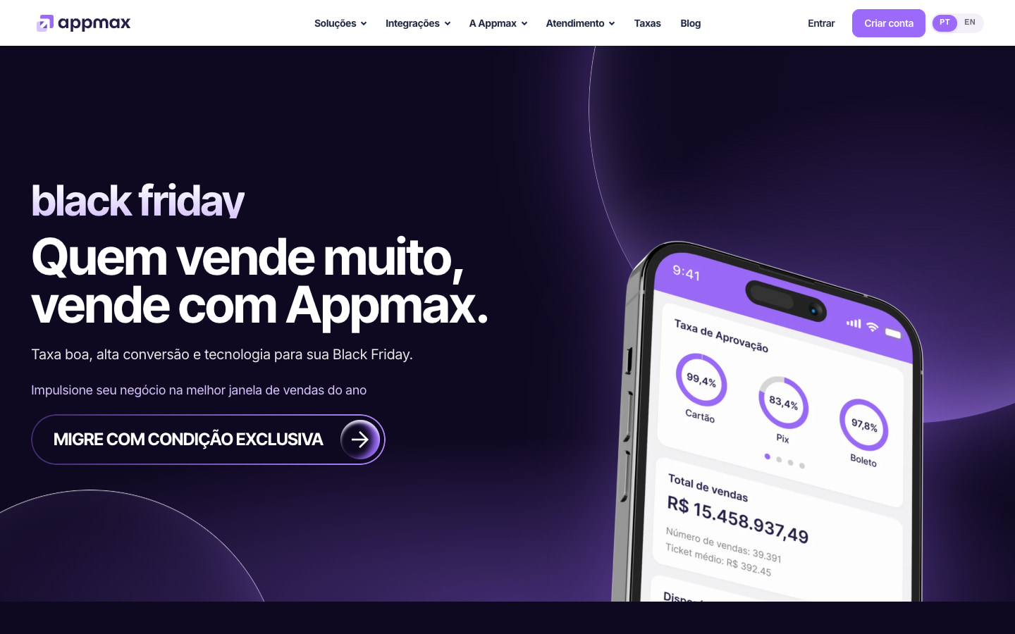 First version: the website’s full menu at the top and a button reading “Migre com condição exclusiva” (Switch with an exclusive offer)
