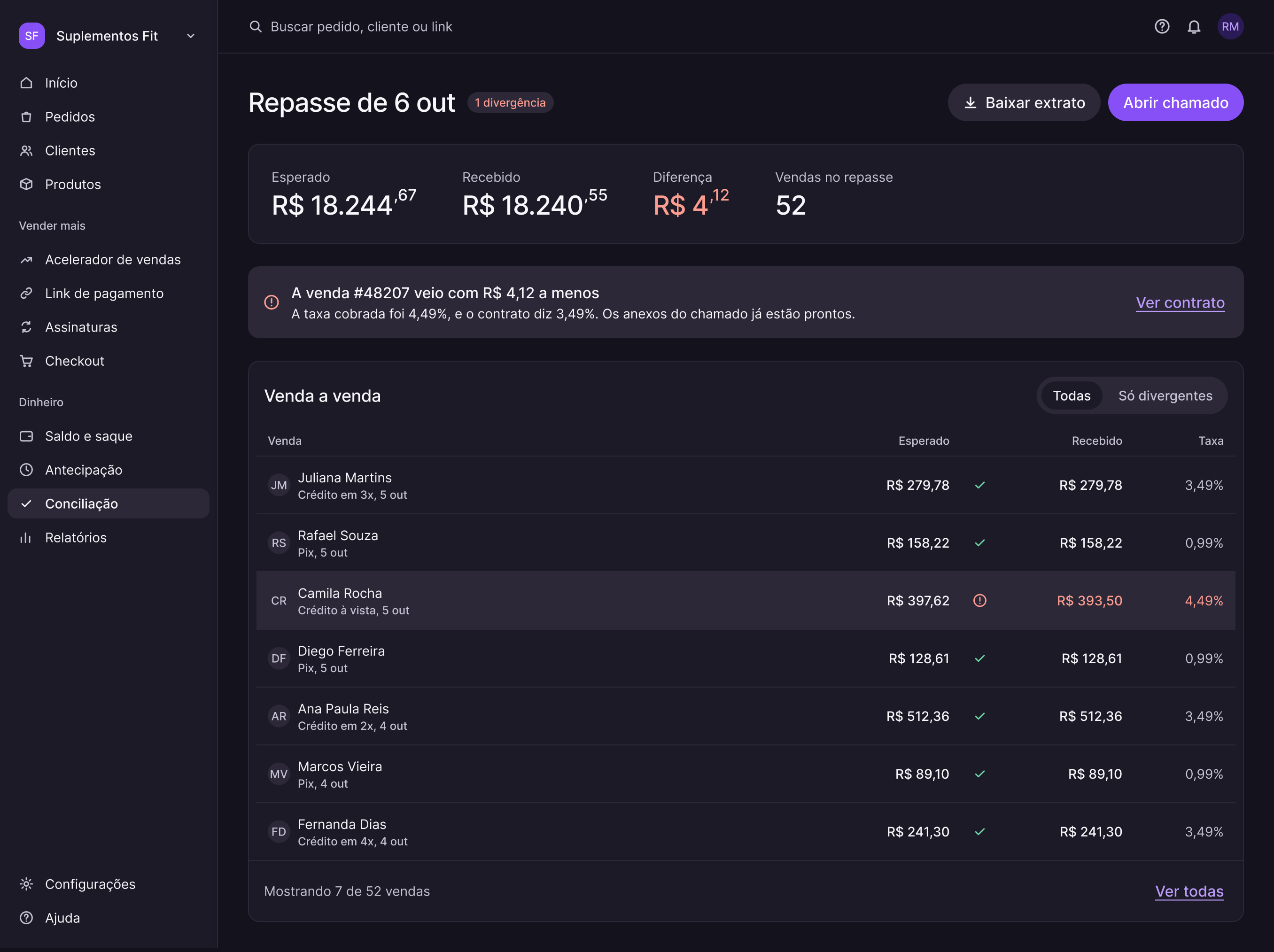 The same payout review in the dark theme. In Portuguese