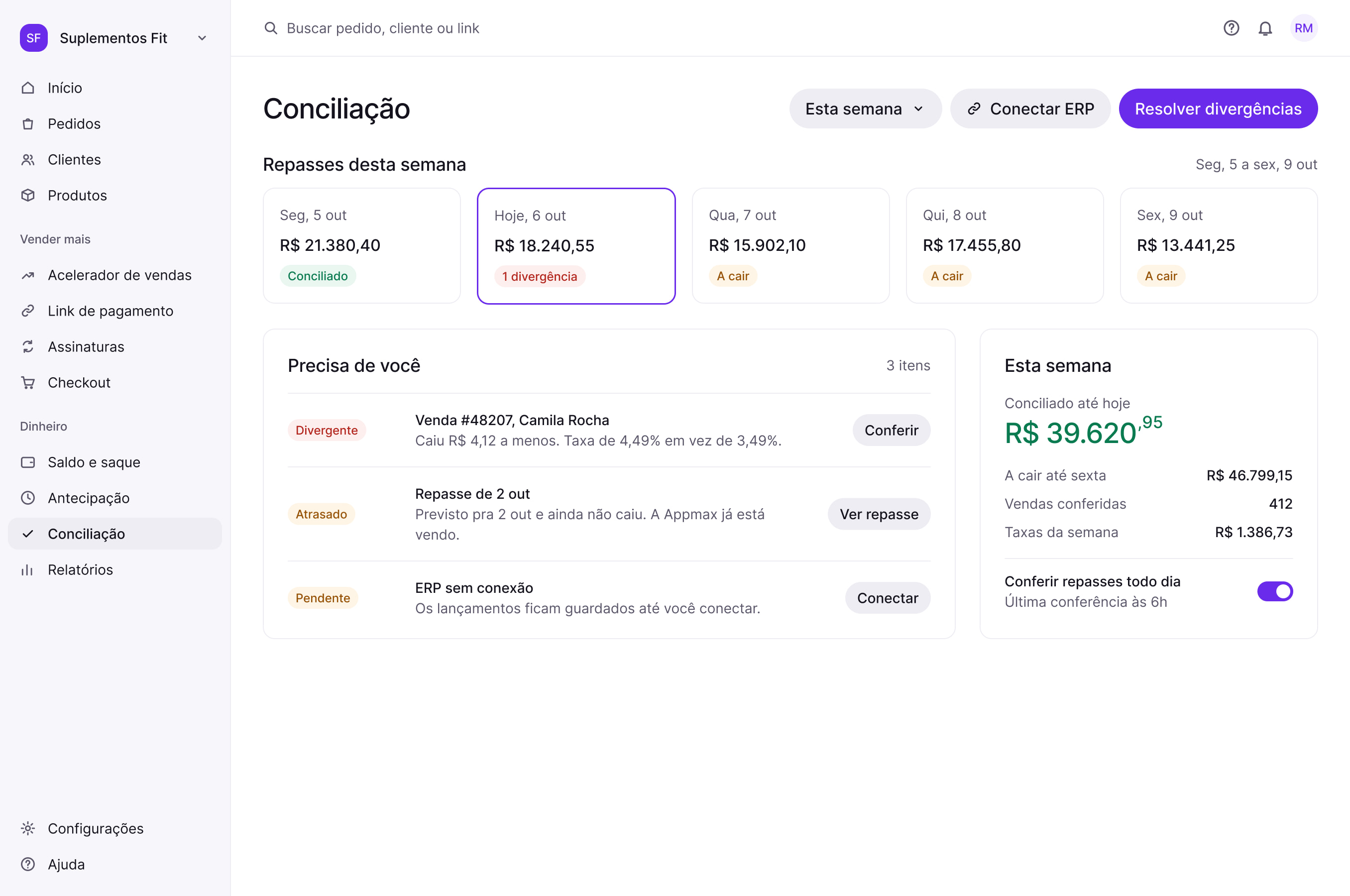 Conciliação, daily view: the week’s payouts, what needs your attention and the weekly summary. In Portuguese