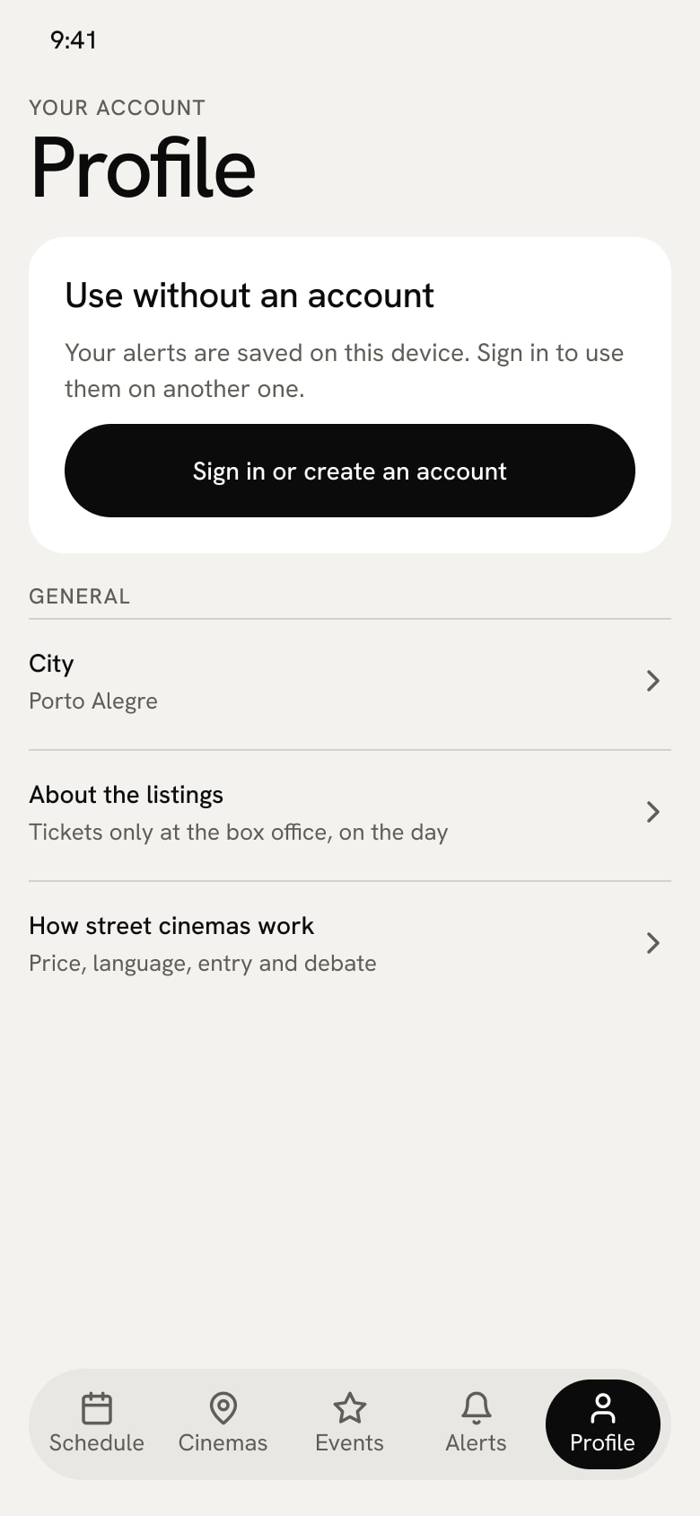 Profile: use without an account and general settings, such as city and how street cinemas work