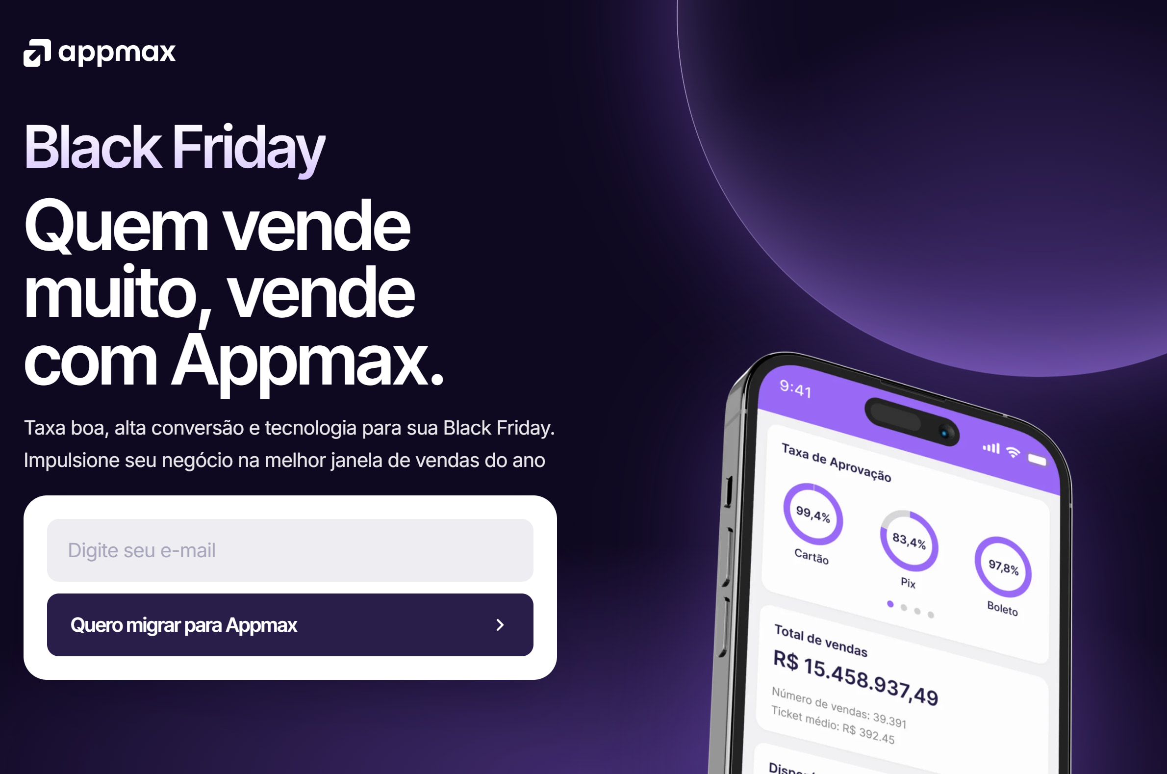 Top of the Black Friday landing page, with the headline, an email field and a phone showing the approval rate. Interface in Portuguese