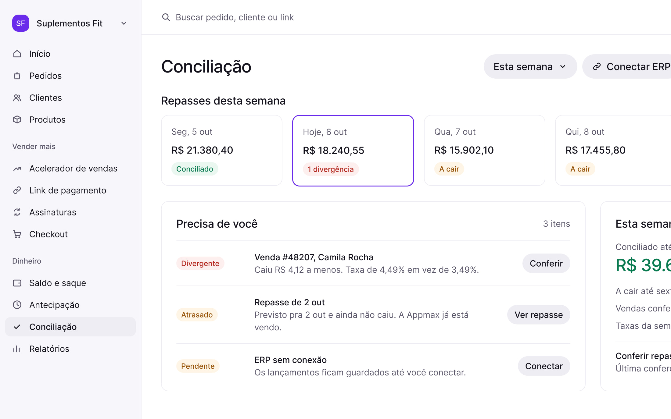 Daily view of Conciliação, a fictional product built with the design system: the week’s payouts, open items and a weekly summary. Interface in Portuguese