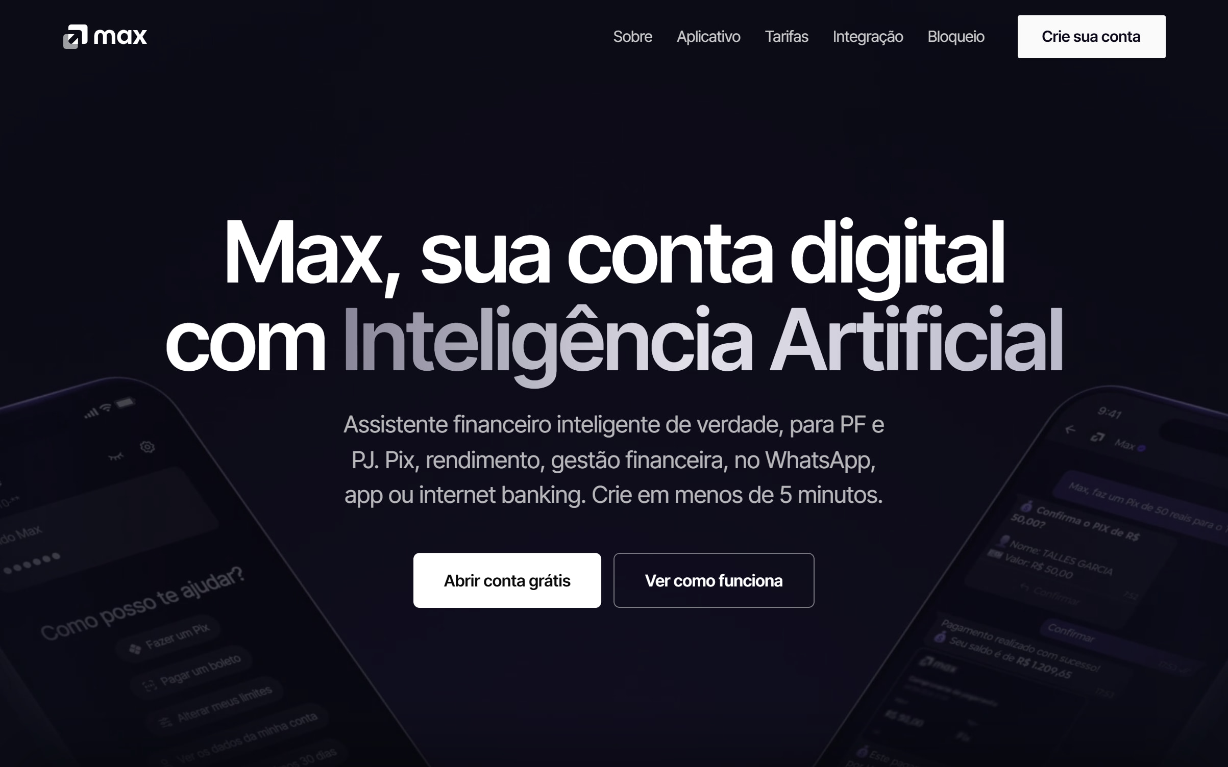 Top of the Max homepage, with the headline “Max, your digital account with Artificial Intelligence”. Interface in Portuguese
