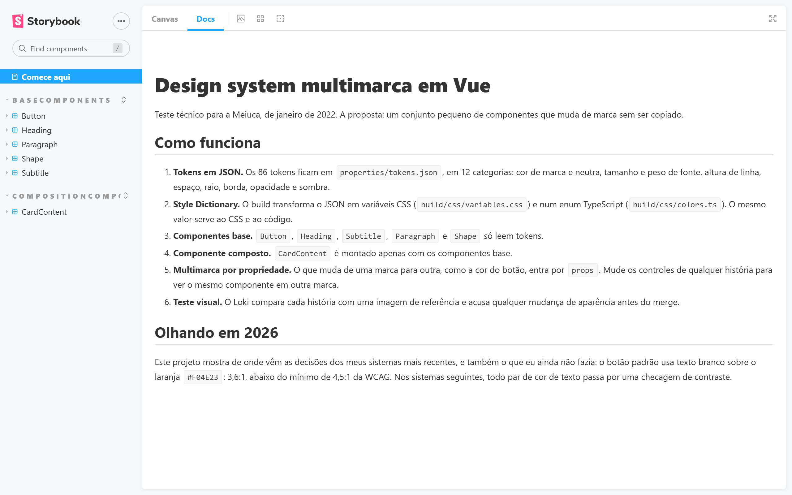 Storybook of the multi-brand design system in Vue, with the component list and the Start here page